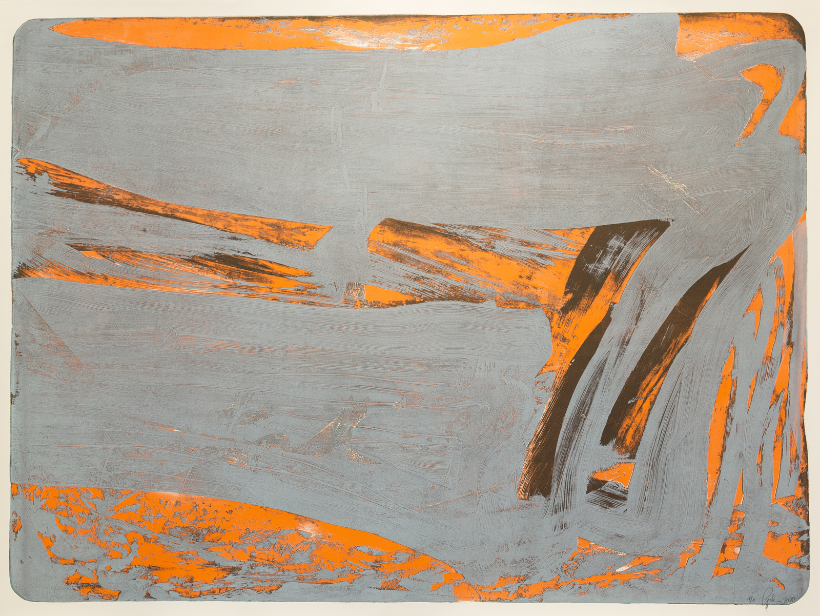Palimpsest 2, 2020, Steindruck, grau/orange, 131 x 181 cm